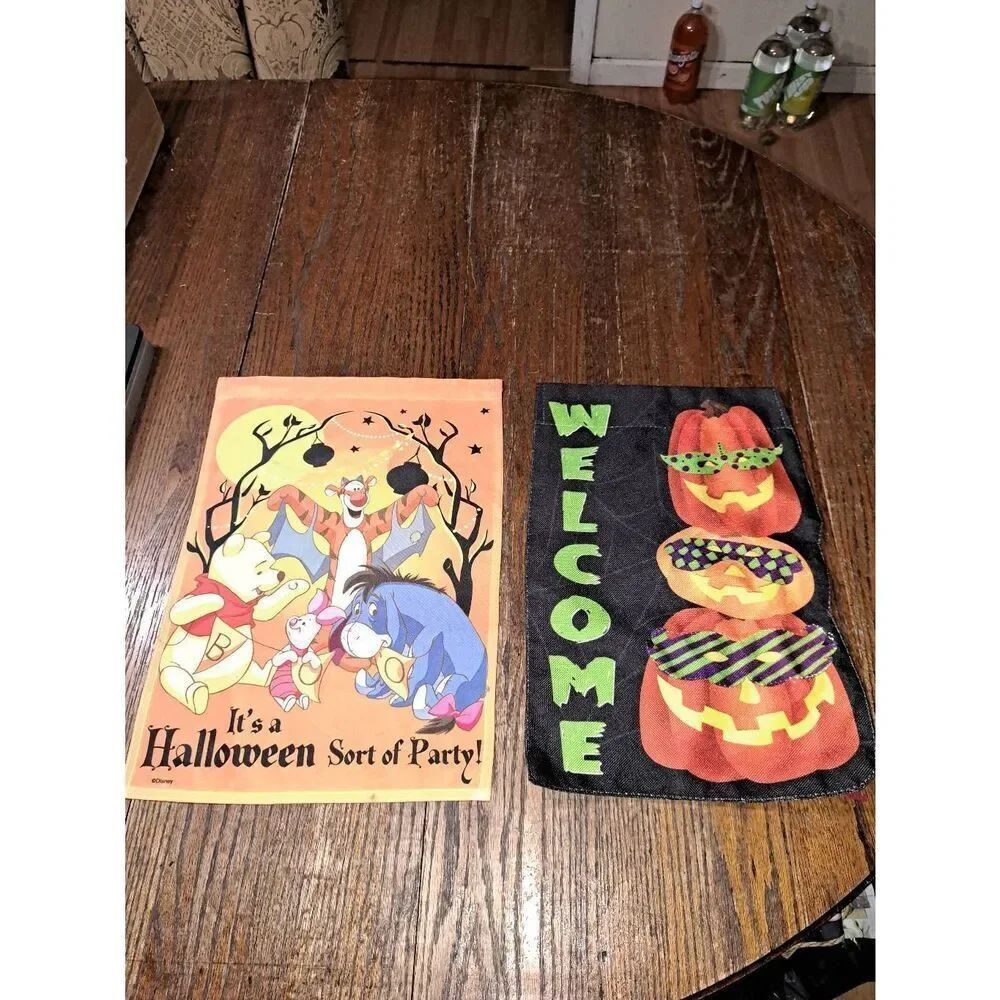 Lot 2 Halloween Garden Flags Winnie the Pooh Jack O Lantern Welcome Flag Outdoor